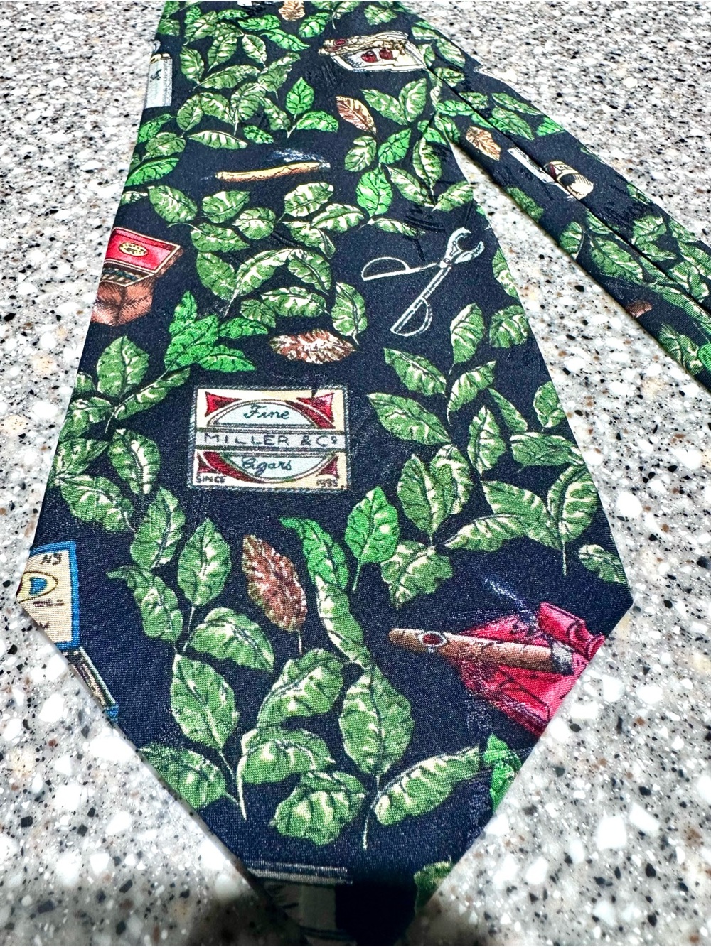 Nicole Miller Navy and Green Tobacco Leaf Print Tie